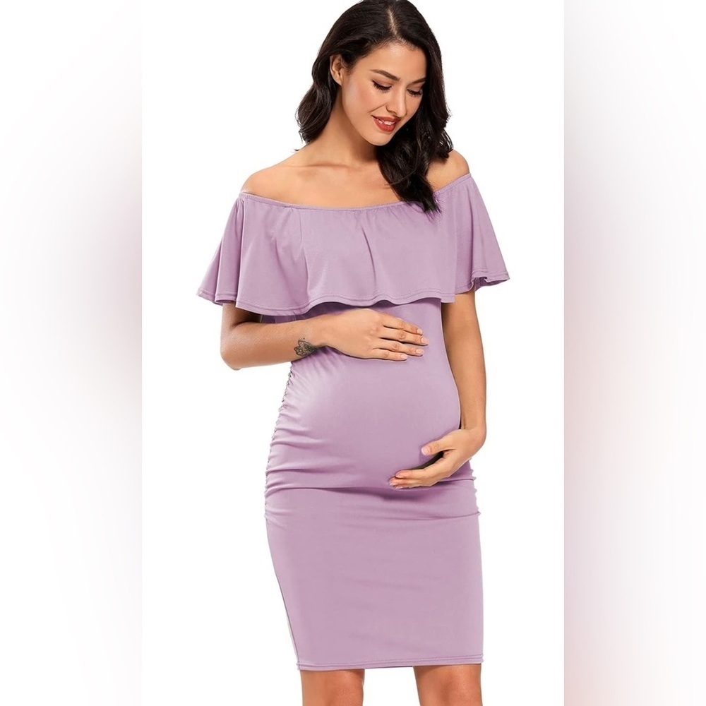 Maternity Dress Off Shoulder Ruffle Sleeveless Bodycon Dress for Baby Shower